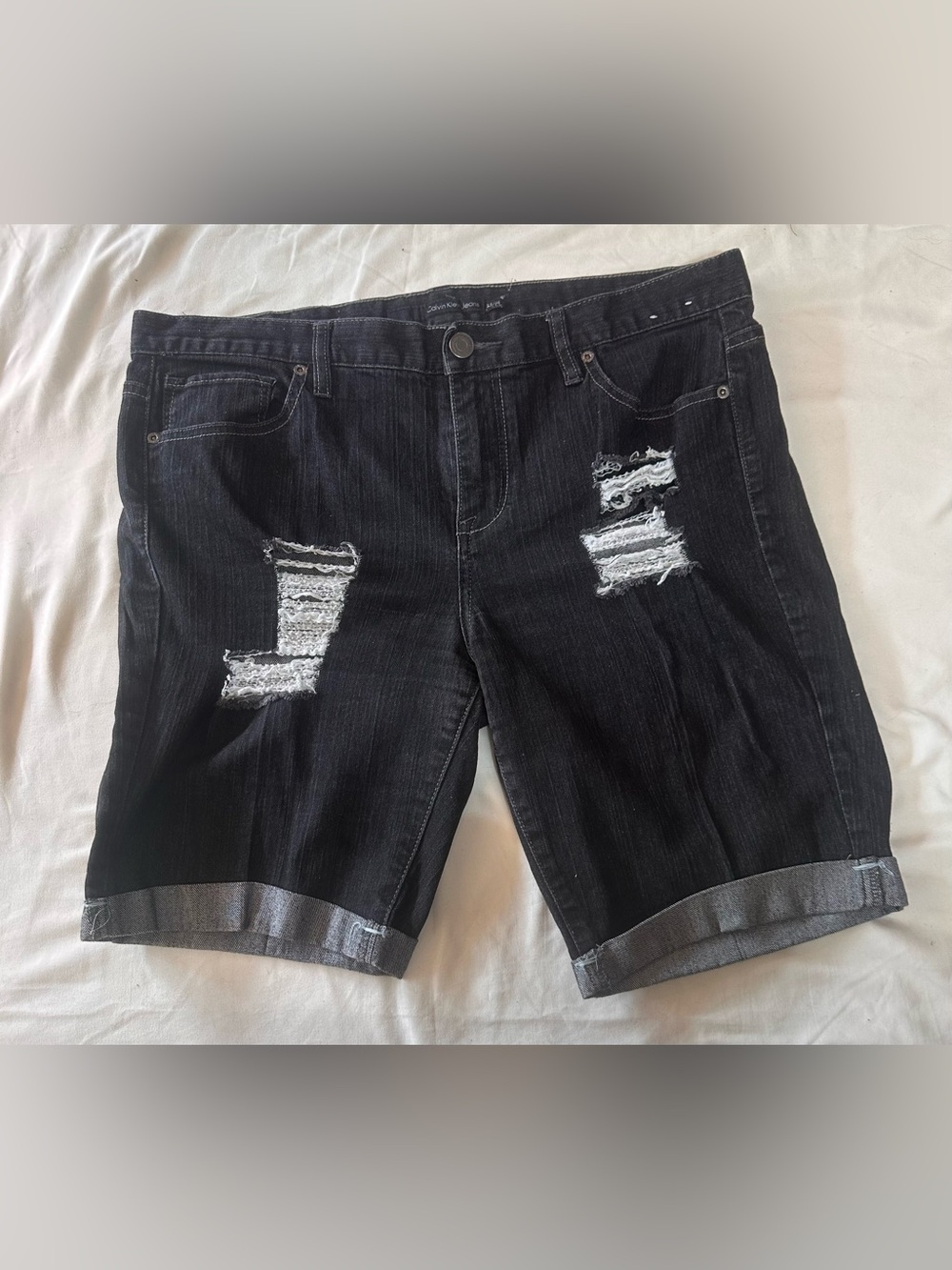 Calvin Klein Black Distressed Rolled Hem Jean Shorts